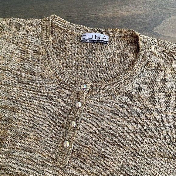 Duna Hand Loomed Button 3/4 Sleeve Knit Yellow Gold Sweater Large (A6) - Picture 2 of 6